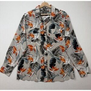 Tommy Bahama Womens Beige Button Up Roll Tab Sleeve Blouse L 100% Silk Pockets